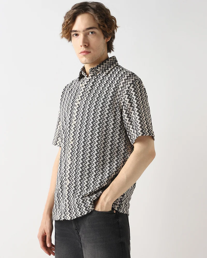 bewakoof Men's Off White & Black Textured Oversized Shirt
